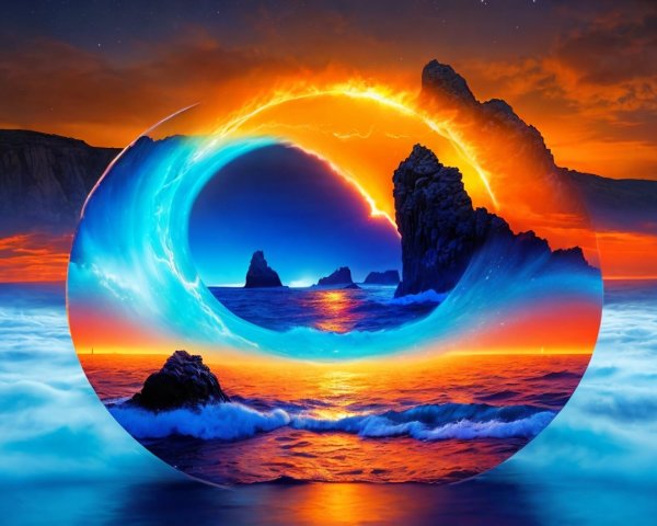 Surreal Landscape with Vivid Circular Horizon and Sunset