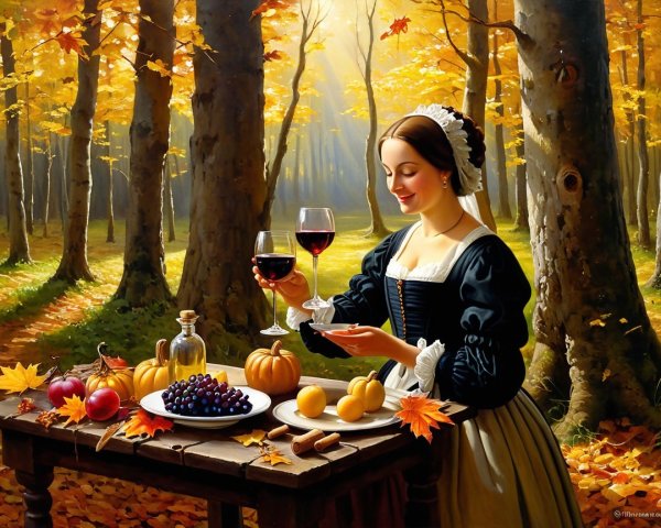 Autumn Forest Scene with Woman and Fruits on Table