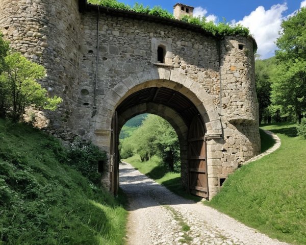 Historic stone archway in a lush green landscape