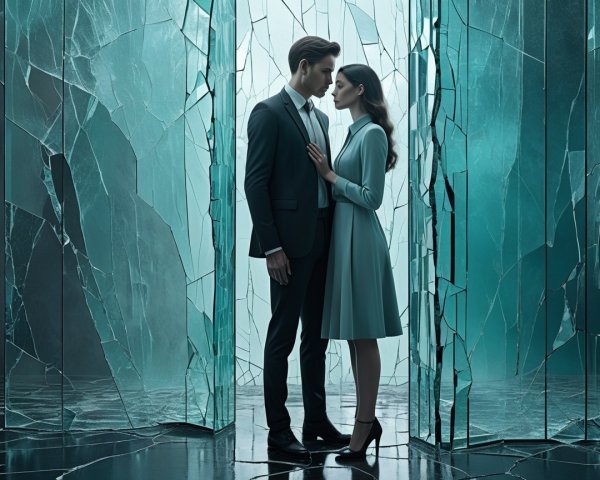 Couple in Surreal Setting Surrounded by Fragmented Glass