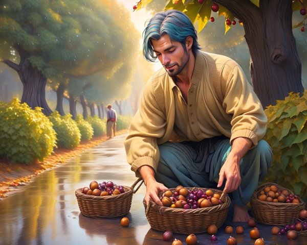 Young Man Collecting Fruits in Sunlit Orchard