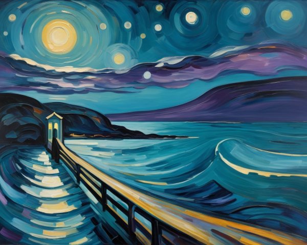 Night Scene of Pier and Ocean Under Moonlight