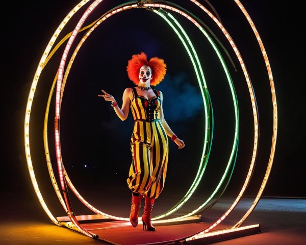 Vibrant Clown in Colorful Hoops and Lights