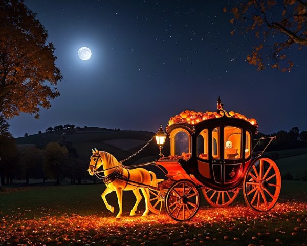 Whimsical Horse-Drawn Carriage Under Full Moon