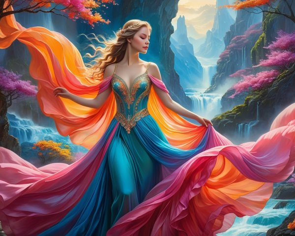 Majestic Figure in Vibrant Landscape with Waterfalls