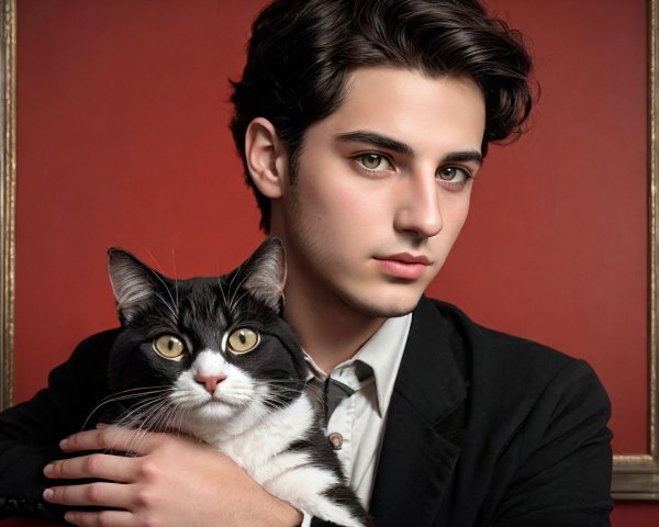 Portrait of a man and a black-and-white cat