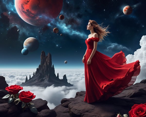 Woman in Red Dress on Rocky Precipice with Cosmic View