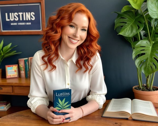 Smiling Woman with Red Hair at Table with Books
