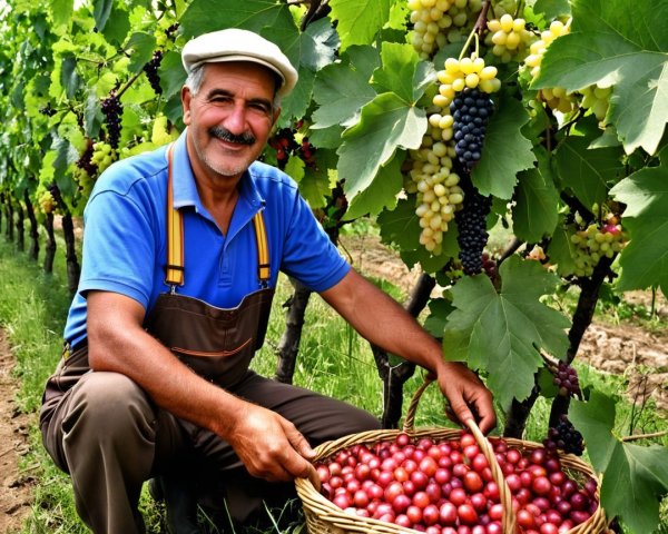 Farmer with Freshly Harvested Red Grapes in Vineyard