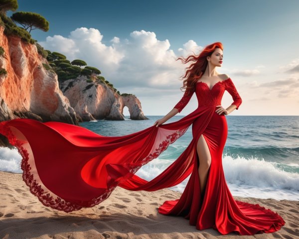 Elegant model in red gown on sandy beach setting
