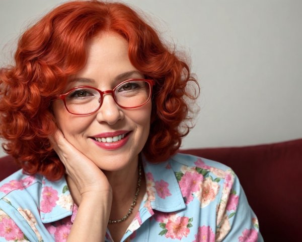 Middle-aged woman with red curly hair and glasses