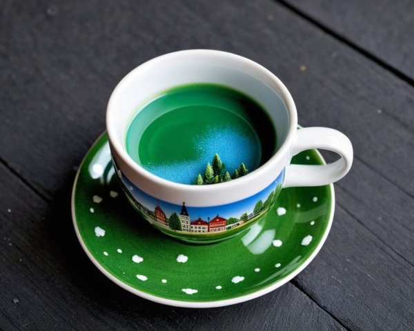Ceramic Cup and Saucer with Scenic Illustrations