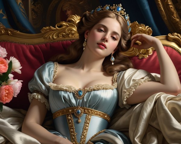 Regal Woman in Light Blue Gown on Velvet Couch