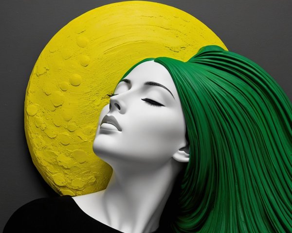 Stylized Mannequin with Green Hair Against Yellow Circle