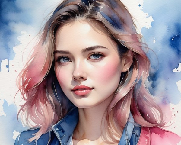 Young woman with blue eyes and pastel background