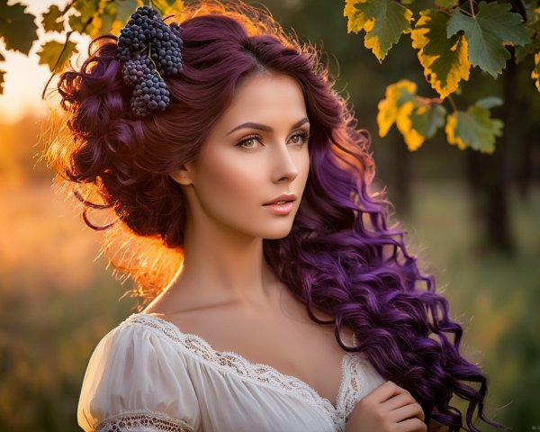 Woman with Purple Curls in Lace Dress Surrounded by Nature