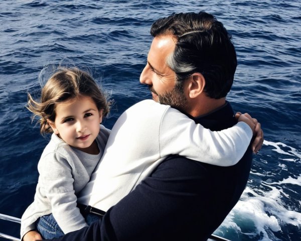Man and child on a boat with blue ocean backdrop