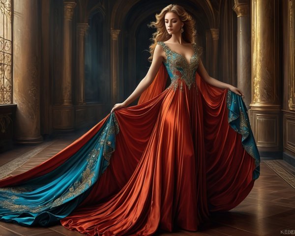 Woman in Elegant Gown in Luxurious Setting