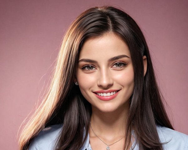 Young woman with dark hair in cheerful pink backdrop