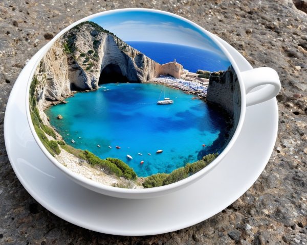 White Coffee Cup with Seaside Scene on Stone Surface