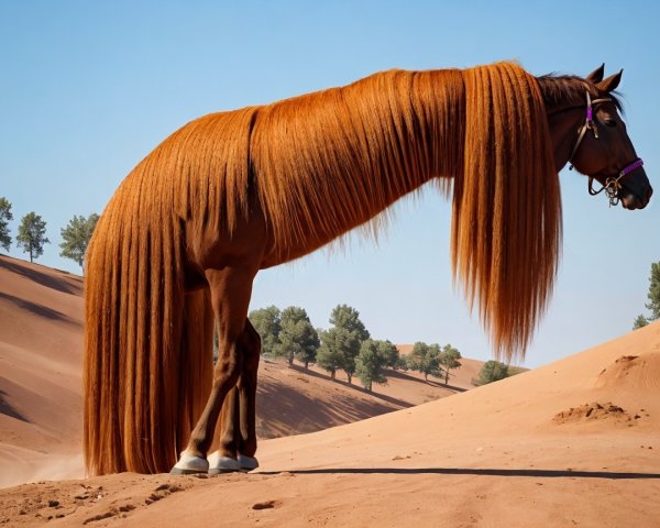 Chestnut Horse in Desert Landscape with Green Trees