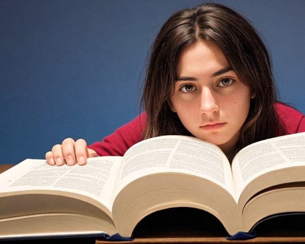 Girl with dark hair resting on an open book