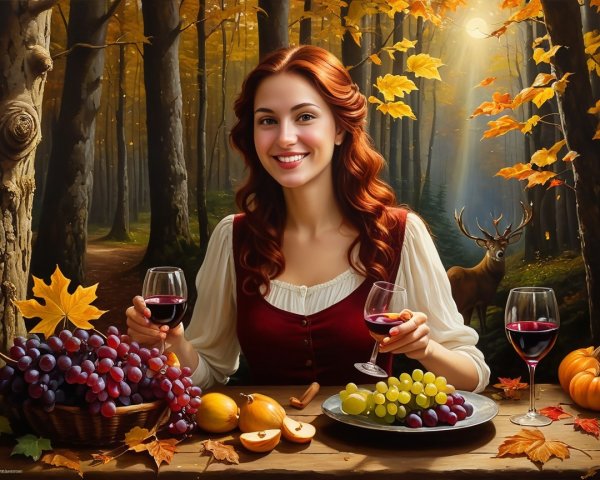Autumn Forest Scene with Woman, Wine, and Deer