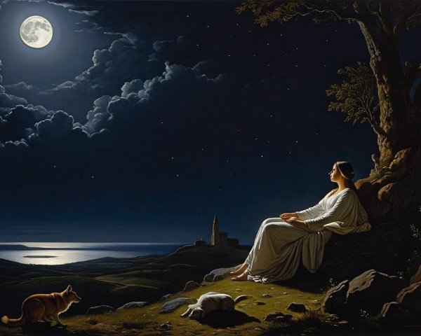 Serene Night Scene with Moon, Woman, and Dogs