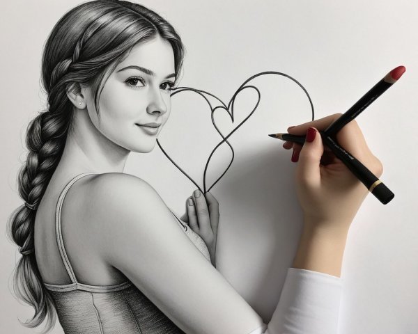 Black-and-white drawing of a woman with braided hair