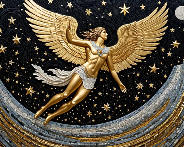 Golden-winged figure mosaic in a starry night sky