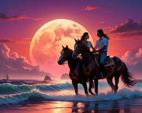 Romantic Beach Scene at Twilight with Horses and Moonlight