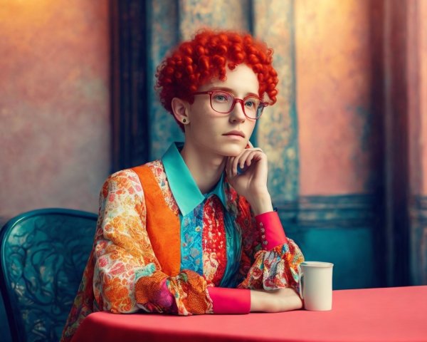 Person with curly red hair in colorful attire at table