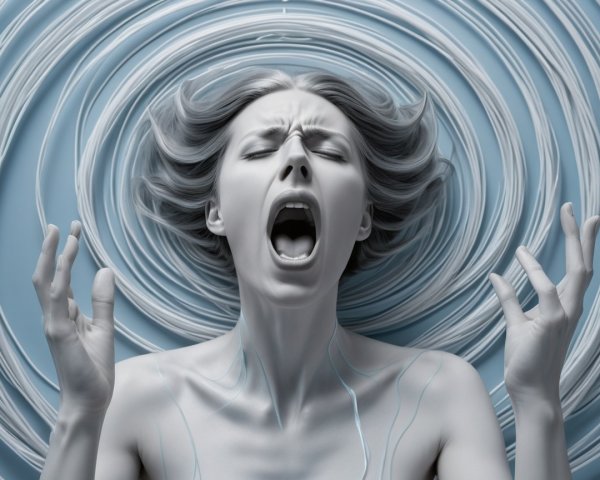 Striking figure with intense expression and swirling lines