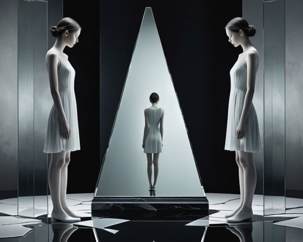 Woman in White Dress Surrounded by Triangular Mirrors