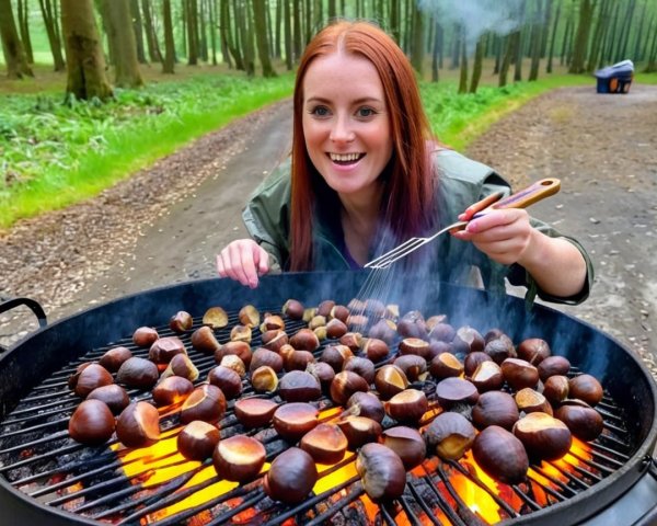 Young Woman Grilling Chestnuts in Forest Setting