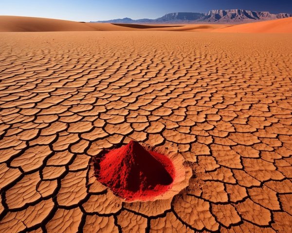 Crimson Powder in Desert Landscape with Mountains