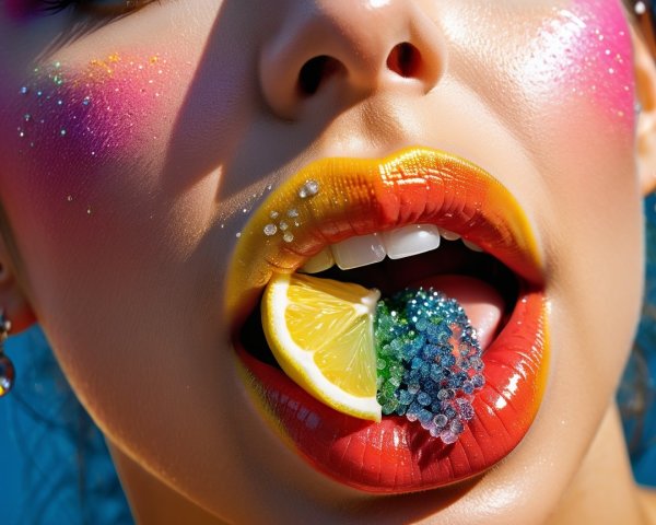 Close-up of a woman's colorful makeup and accessories