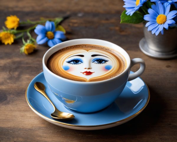 Blue Coffee Cup with Whimsical Latte Art and Flowers