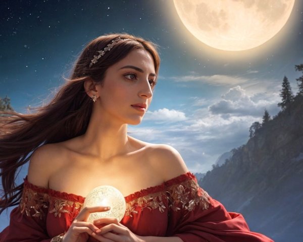 Young woman in red gown with glowing orb at night