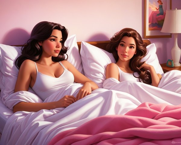 Young women in cozy bed with pillows and pastel decor