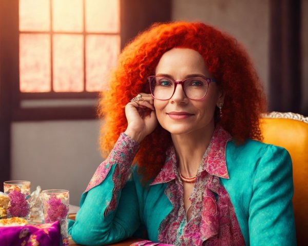 Elegant woman with curly red hair in cozy setting