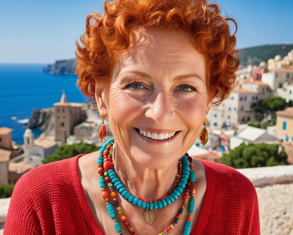 Vibrant Red-Haired Woman in Mediterranean Setting