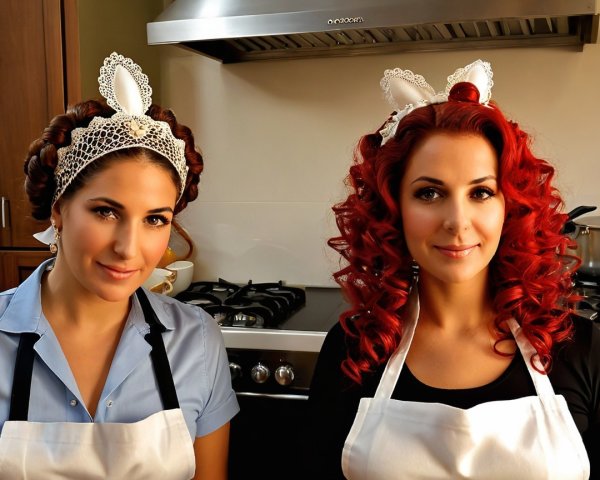 Women in Cozy Kitchen with Distinctive Hairstyles