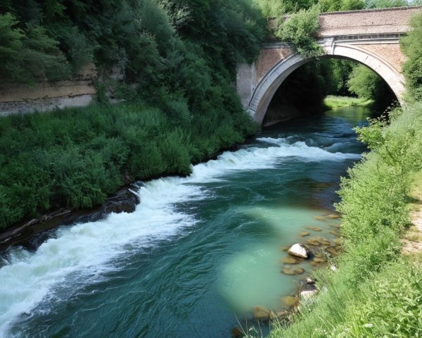 Tranquil Landscape with River and Old Brick Bridge