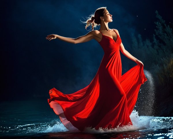 Woman in Red Dress Posing in Shallow Water at Night