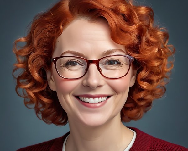 Smiling Woman with Curly Red Hair and Glasses