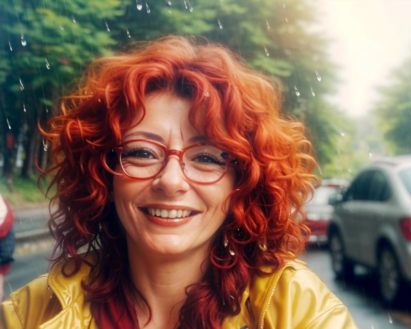 Joyful woman with red curly hair in yellow jacket