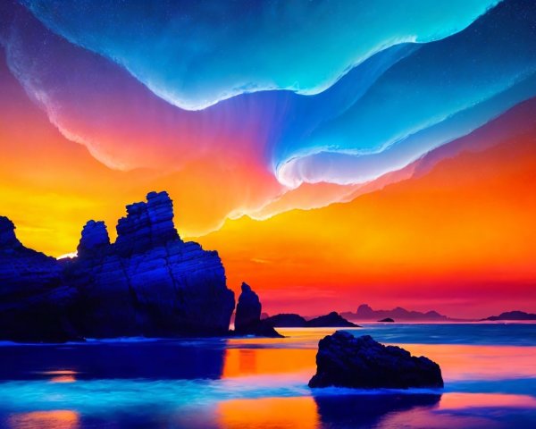Seaside Landscape at Dusk with Vibrant Sky and Rocks