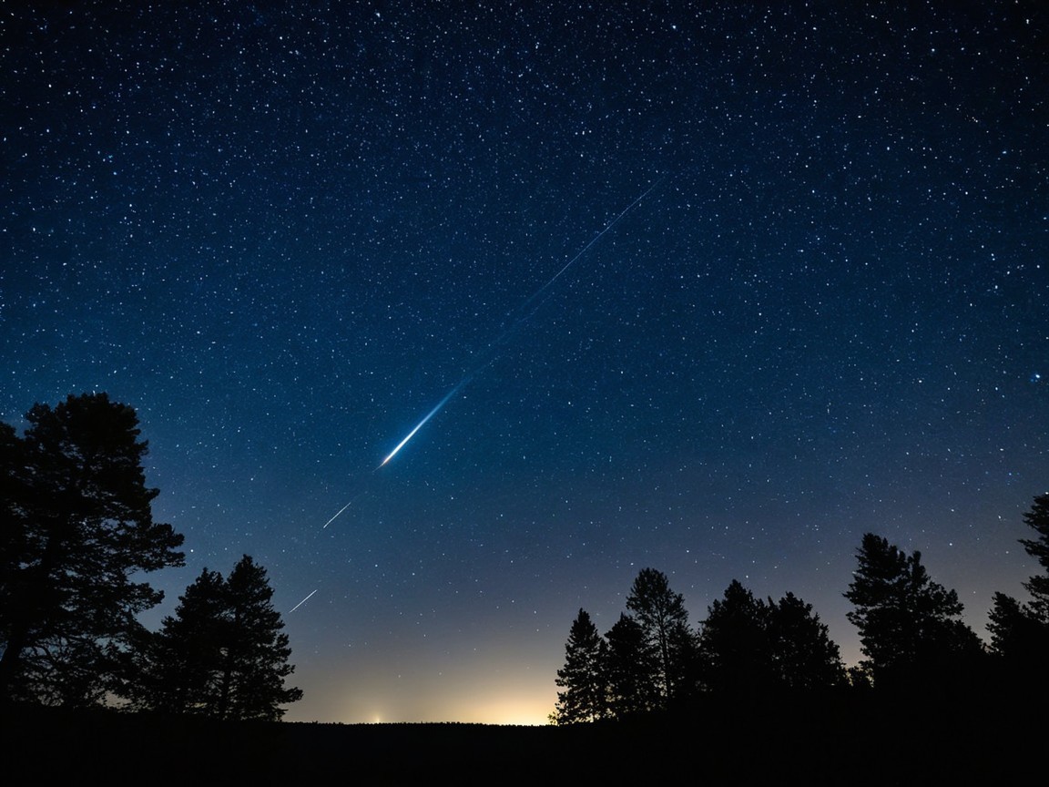 Night Sky with Stars, Meteor, and Silhouetted Trees