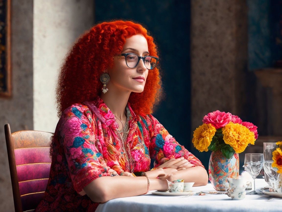 Woman with Red Hair in Floral Setting and Soft Lighting